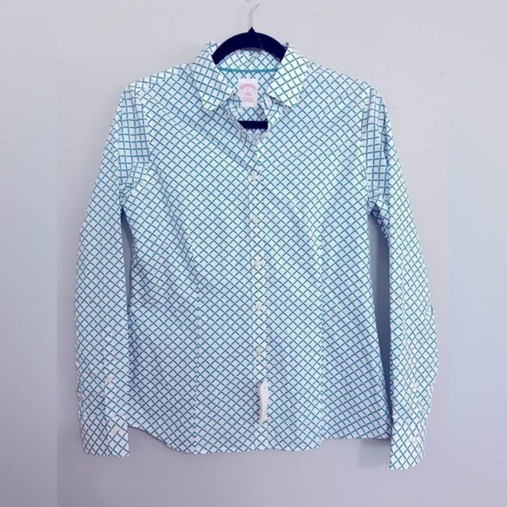 Brooks Brothers Teal & White Geometric Tailored Fit Cotton Blouse Size 6